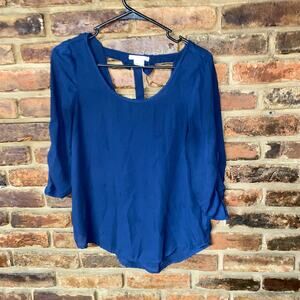 Timing Blue Long Roll-Tab Sleeve Open Keyhole Bow Back blouse Women's Size XS